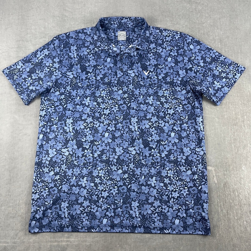 Callaway Mens XL Blue Floral Polo Shirt Opti-Dri Short Sleeve Golf Top